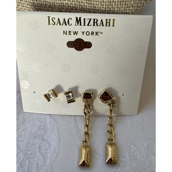 Isaac Mizrahi 4 Pieces CZ Stud & Dangle Goldtone Chain Drop Earrings NEW - Picture 3 of 7